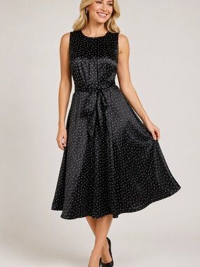 Kristin Davis Dress Size 6 Black & White Polka Dot Sleeveless Midi Waist Tie